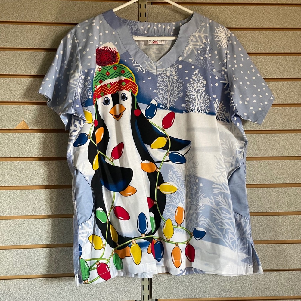 UA Scrubs Christmas Penguin Holiday Scrub Top Blue Winter Snowflake Women's L